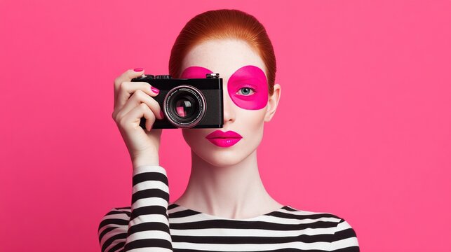 A woman with red hair and bold pink makeup holds a vintage camera in front of her eye against a bright pink background.