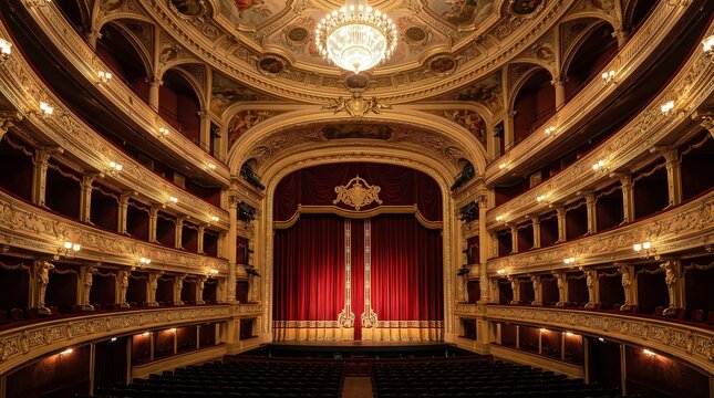 Empty Grand Theater Stage With Red Curtain And Ornate Gold Balcony Seating
