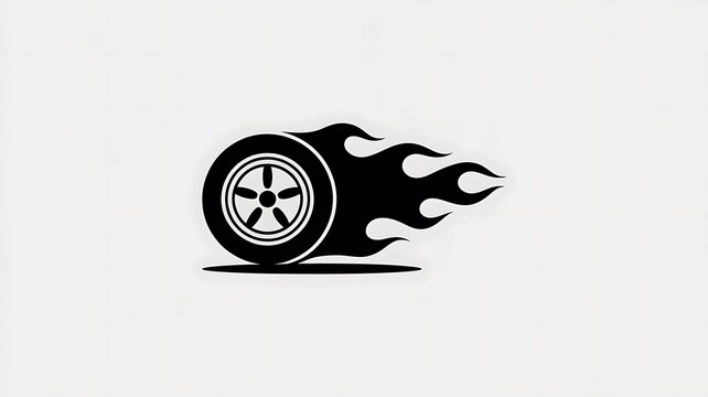 Black car tire wheel icon with fire flames