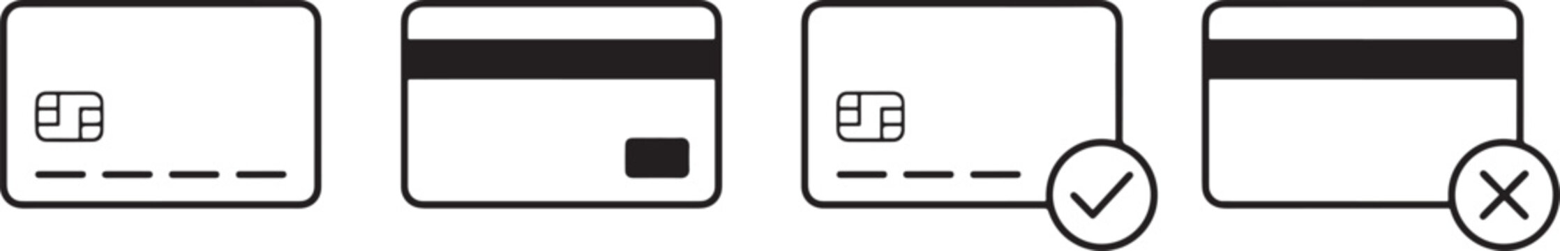 Black and white line of credit cards with microchip, magnetic stripe, checkmark, and cross symbols debit card