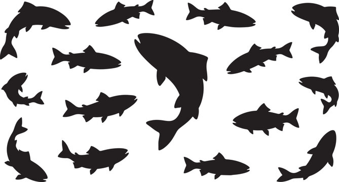Black silhouettes of various fish in different swimming and jumping poses arranged on a white background