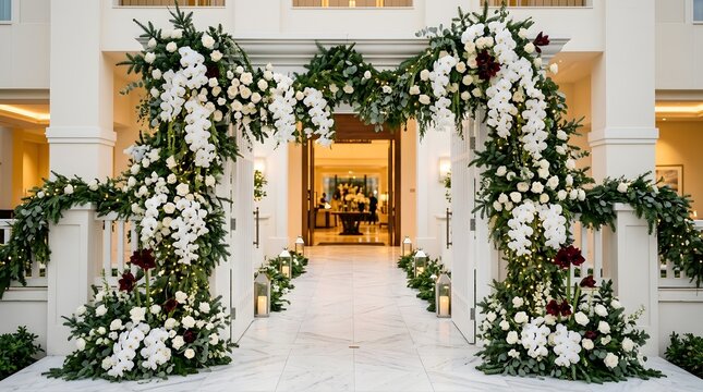 Elegant wedding entrance decorated with lush white floral arrangements and greenery for a luxury indoor ceremony