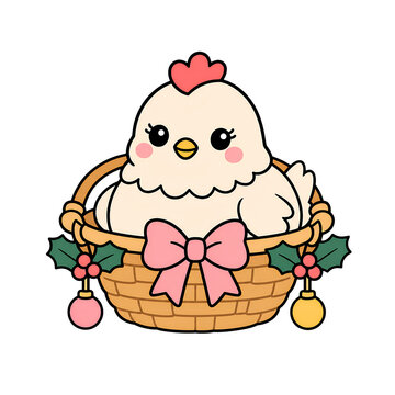 Cute French hen illustration sitting in woven basket with holly decoration and pink bow, creating festive holiday design