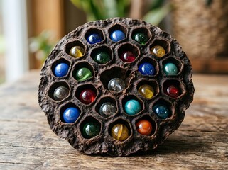 Fototapeta premium Iridescent Glass Marbles Nestled in a Textured Lotus Seed Pod