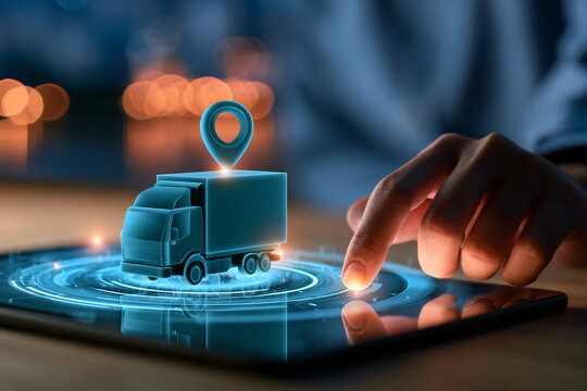 Digital tracking of delivery truck on tablet screen in a modern office at night