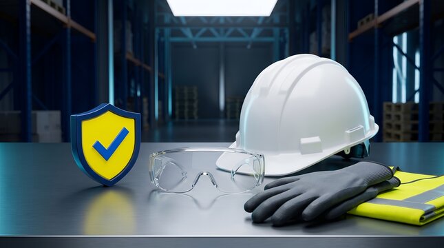 Workplace safety equipment and shield icon in warehouse