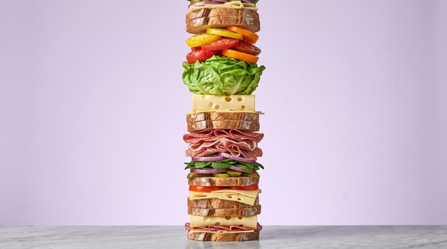 Tall Giant Multi Layered Club Sandwich Stacked with Fresh Ingredients.