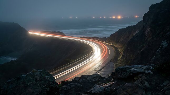 Long exposure light trails from vehicles moving along a winding coastal road at night time