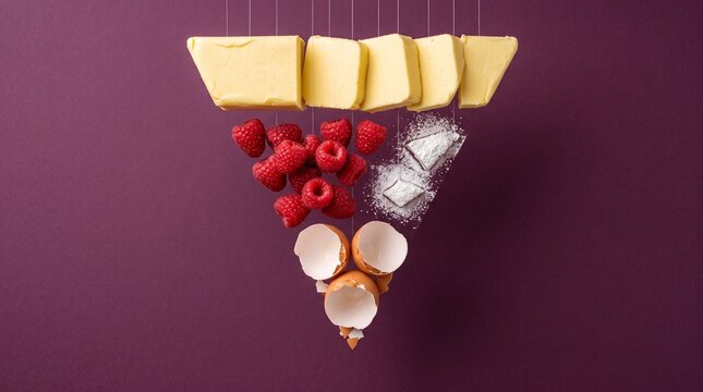 Artistic food arrangement with butter raspberries and eggshells.