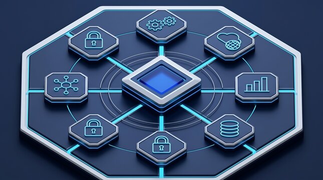 Abstract digital network with security and data icons