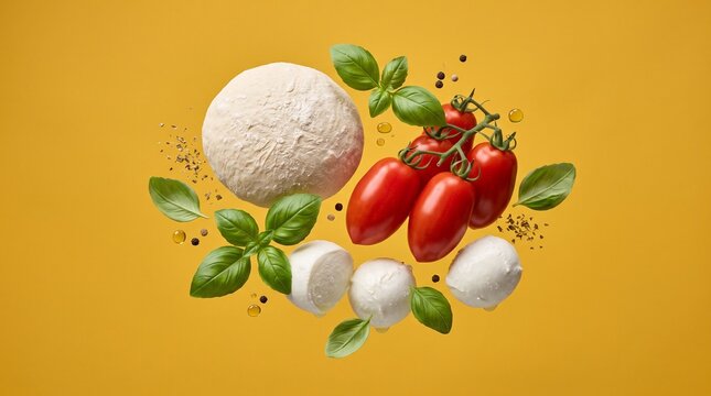 Levitating Fresh Mozzarella Cheese Cherry Tomatoes and Basil Leaves on Yellow Background.