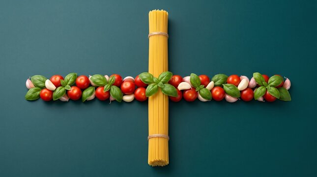 Spaghetti pasta with tomatoes basil and garlic arranged in cross shape on green background.