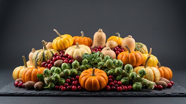 Autumn harvest arrangement with pumpkins squash and cranberries on slate board.