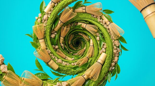 Spiral Vortex of Matcha Whisks and Green Tea Leaves on Blue Background.