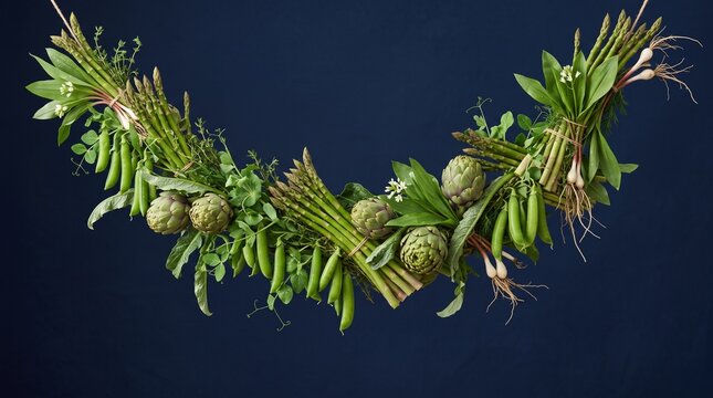Artistic green vegetable garland with artichokes and asparagus.