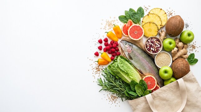 Healthy Fresh Food Ingredients and Fish in Reusable Grocery Bag.