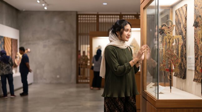 A young woman observing traditional wayang indonesia shadow puppets displayed in a museum gallery of global cultural heritage artifacts