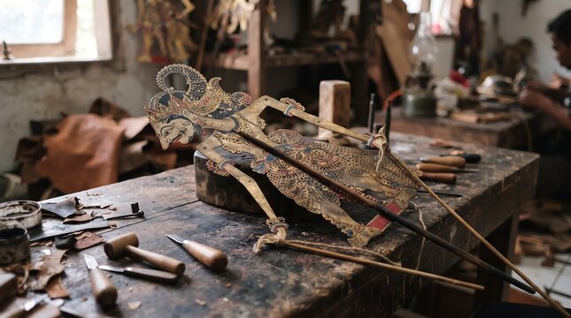 Traditional artisan workshop creating wayang indonesia as a significant cultural heritage craft using detailed leather carving and painting techniques