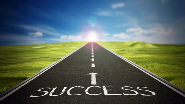 Asphalt road with arrow and success text against blue sky. 3D illustration