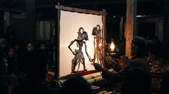 A traditional performance of wayang indonesia and cultural heritage featuring intricate leather shadow puppets on a backlit screen at night