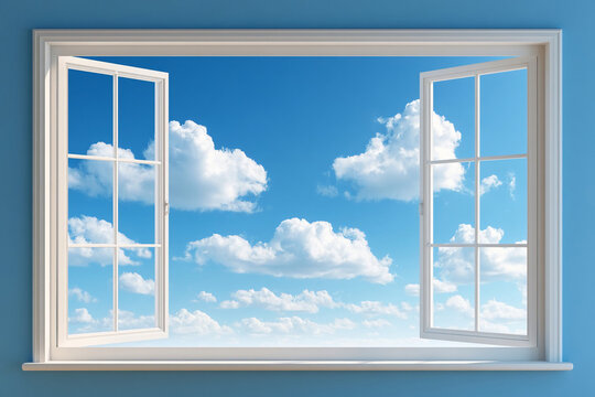 Clear sky with fluffy clouds seen through open window in a room on a sunny day