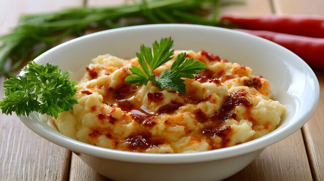 A white bowl of creamy mashed white beans topped with red chili oil and fresh green parsley garnish
