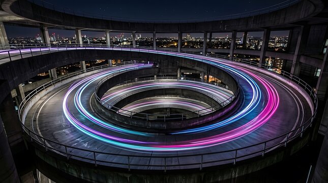 Circular concrete parking garage ramp with long exposure light trails at night in a city