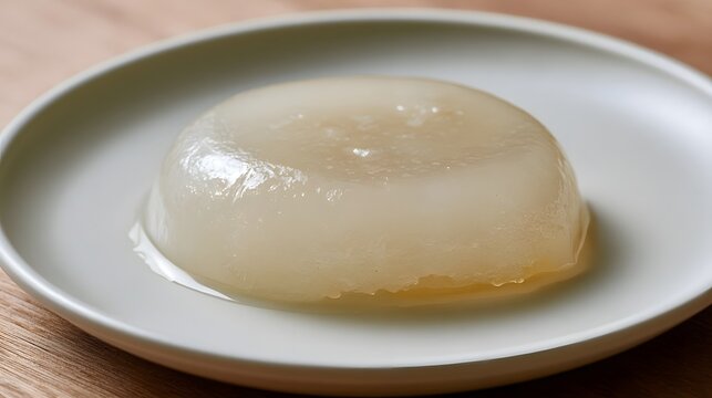 A translucent jelly dessert sits centered on a minimalist white plate  glistening with a light syrup  against a warm wooden surface