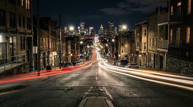 Light trails from moving vehicles on a city street at night with distant skyline buildings