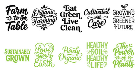 Naklejka premium Set of organic farming and healthy food quotes with typography and decorative elements for farm design Minimal solid typography set bundle collection. Editable Vector Illustration Mega pack