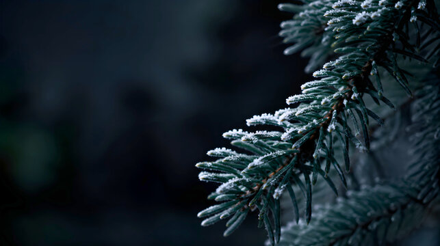 Extreme close up of dark green pine needles dusted with white frost