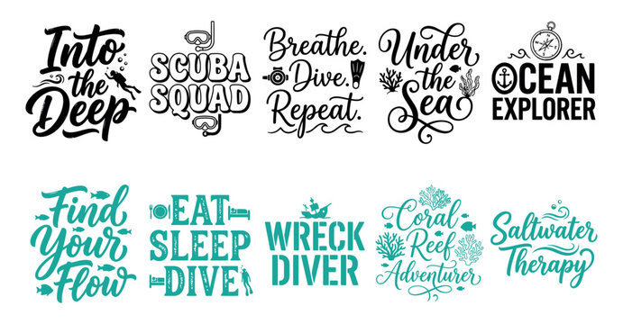 Set of scuba diving quotes and ocean theme typography designs for t-shirt prints and creative projects Minimal solid typography set bundle collection. Editable Vector Illustration Mega pack