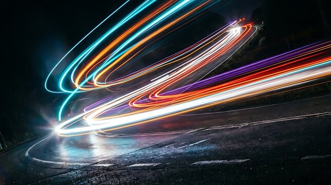 Long exposure light trails from vehicles moving along a dark asphalt road at night time