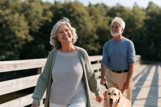 Senior couple walking golden retriever on a wooden boardwalk in a green park for wellness banner and lifestyle background