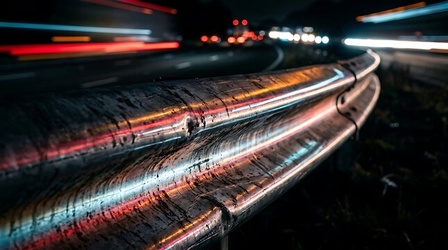 Metal guardrail along a highway at night with blurred vehicle light trails in the background
