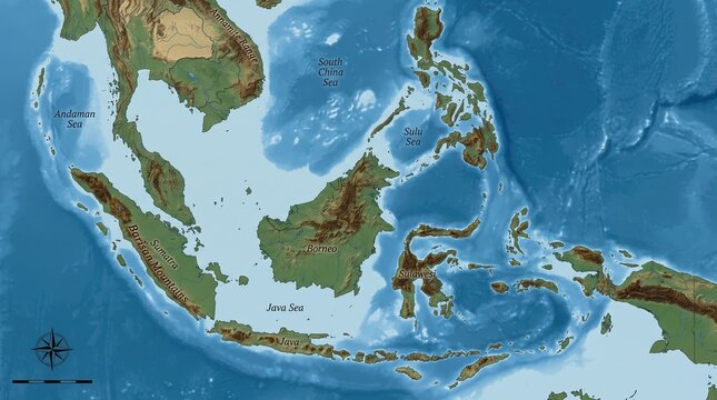 Topographical Physical Map of Southeast Asia and Indonesia