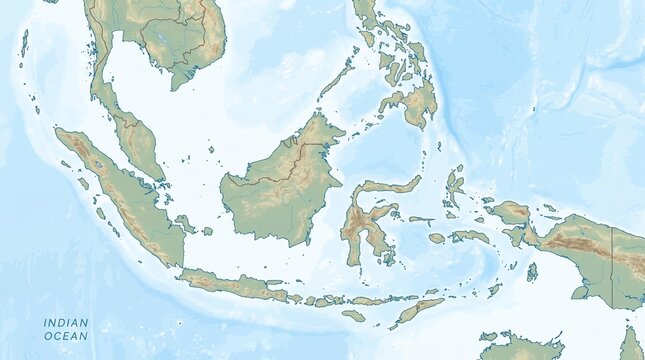 Physical Topographic Relief Map of Indonesia and Southeast Asia