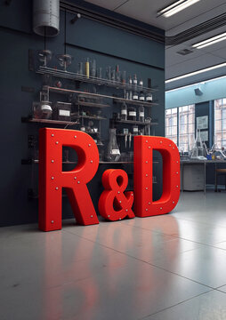 Large block letters R&D for research and development, in what seem to be some lab or technology development facility. Generative AI