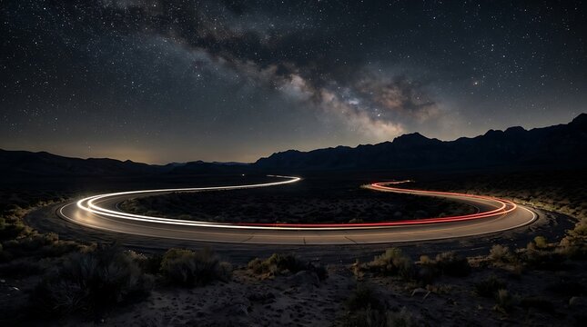 Long exposure light trails from vehicles driving on a winding desert highway at night with create long