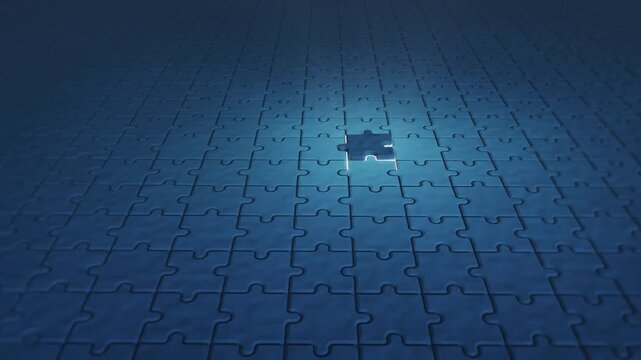 Puzzle Piece Illuminated by Light Beam on Vast Blue Jigsaw Floor