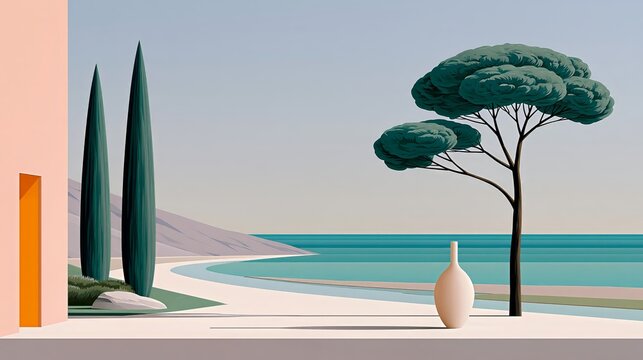 Exceptional lifestyle merging nature, water, landscape illustration flat: lush forests, elegant vegetation, calm river flowing toward a distant blue sea. 