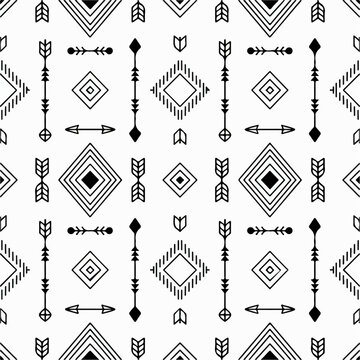 Seamless tribal pattern with arrows and geometric shapes minimalist boho ethnic background for textile and digital design isolated on white