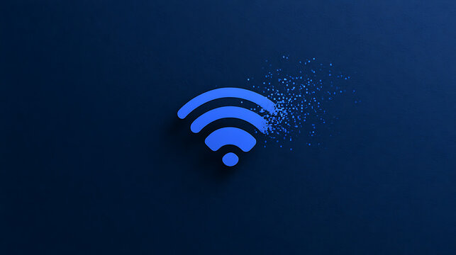 A glowing blue wireless internet signal icon disintegrating into digital particles on dark background, symbolizing network loss and data
