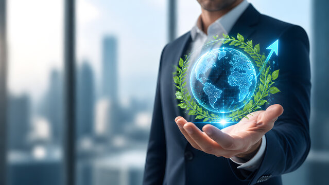 Businessman holding hologram globe wrapped in green leaf wreath with arrow pointing upward symbolizing growth