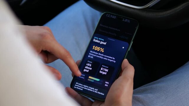 Mobile business dashboard shows revenue growth and a sales target exceeded, highlighting KPI tracking, commercial momentum and data-driven performance monitoring.