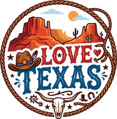 Naklejka premium Love Texas cowboy hat and longhorn skull illustration with desert landscape