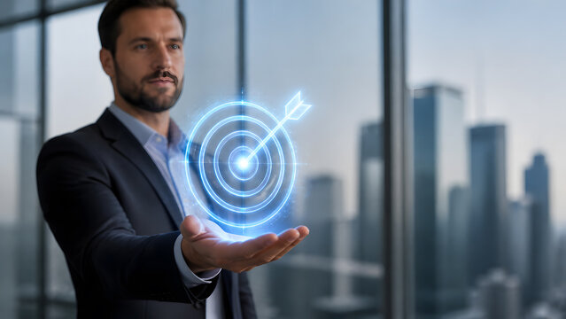 Businessman holding glowing digital target icon with arrow hitting bullseye center symbolizing business goal achievement and success