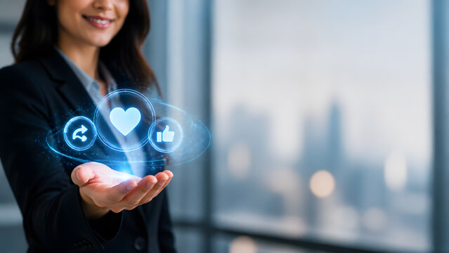 Businesswoman holding glowing social media heart like and share icons together representing digital engagement and customer loyalty
