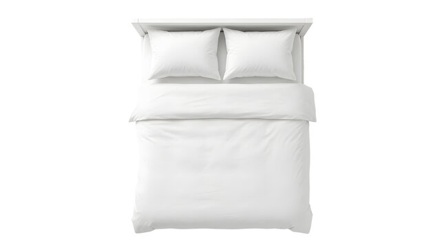 Comfortable modern white double bed featuring soft pillows and clean bedding sheets isolated on a plain background for interior design projects or furniture catalog visual presentations