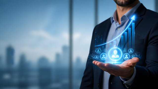 Businessman holding glowing network of people icons with rising growth chart bars symbolizing team growth business success